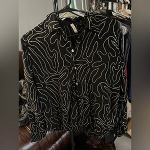 XCVI Black Button-Down Shirt with White Abstract Stitching